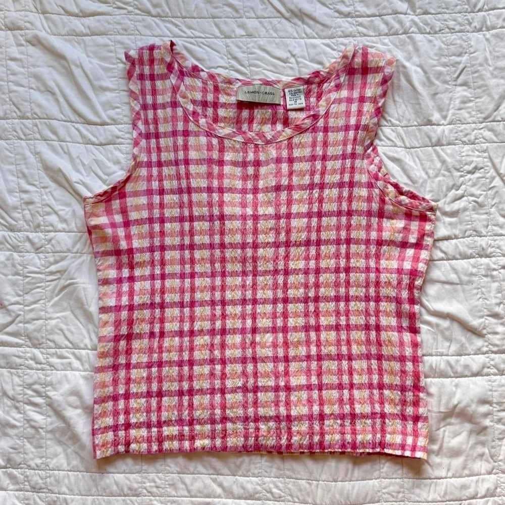 lemon grass crinkled plaid tank top size M cotton beachy picnic cottagecore